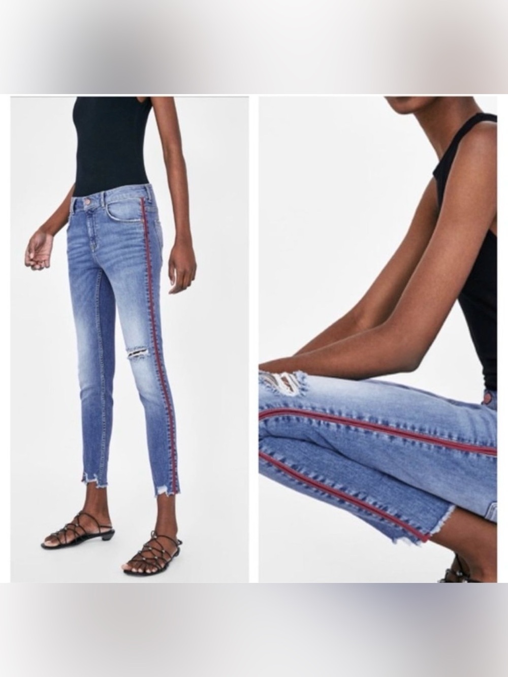 Zara Basic 1975 Red Stripe Distressed Skinny Jeans Size 4